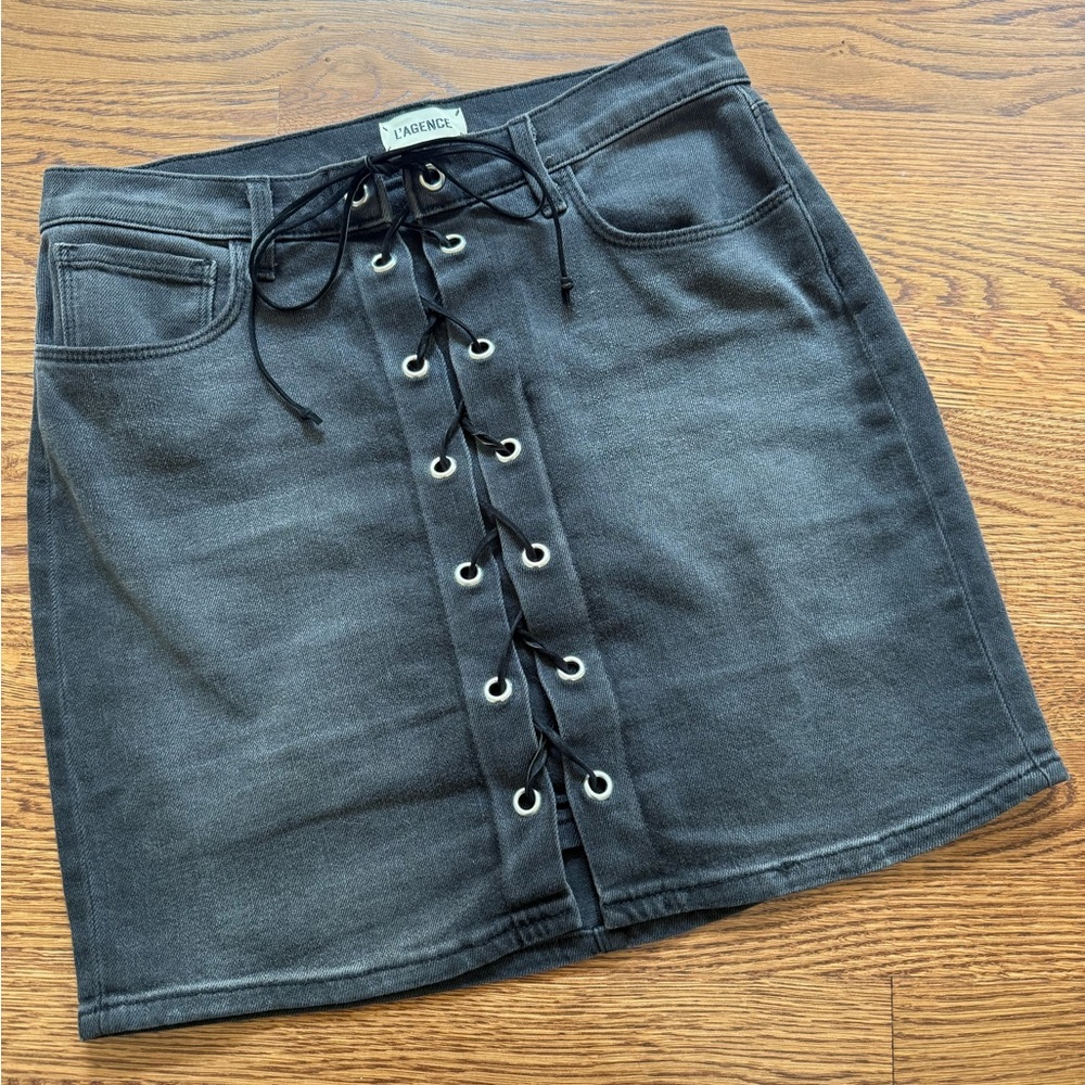 L’AGENCE Portia High Rise Lace Up Mini Skirt Black Denim Grunge Faded Classic 28